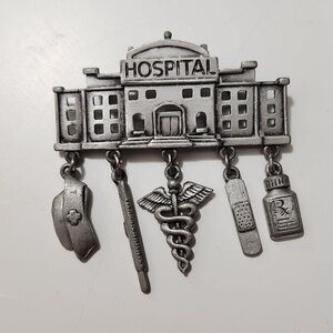 Vintage JJ Signed Dangling Charms Brooch Silver Tone Hospital Nurse Doctor RN